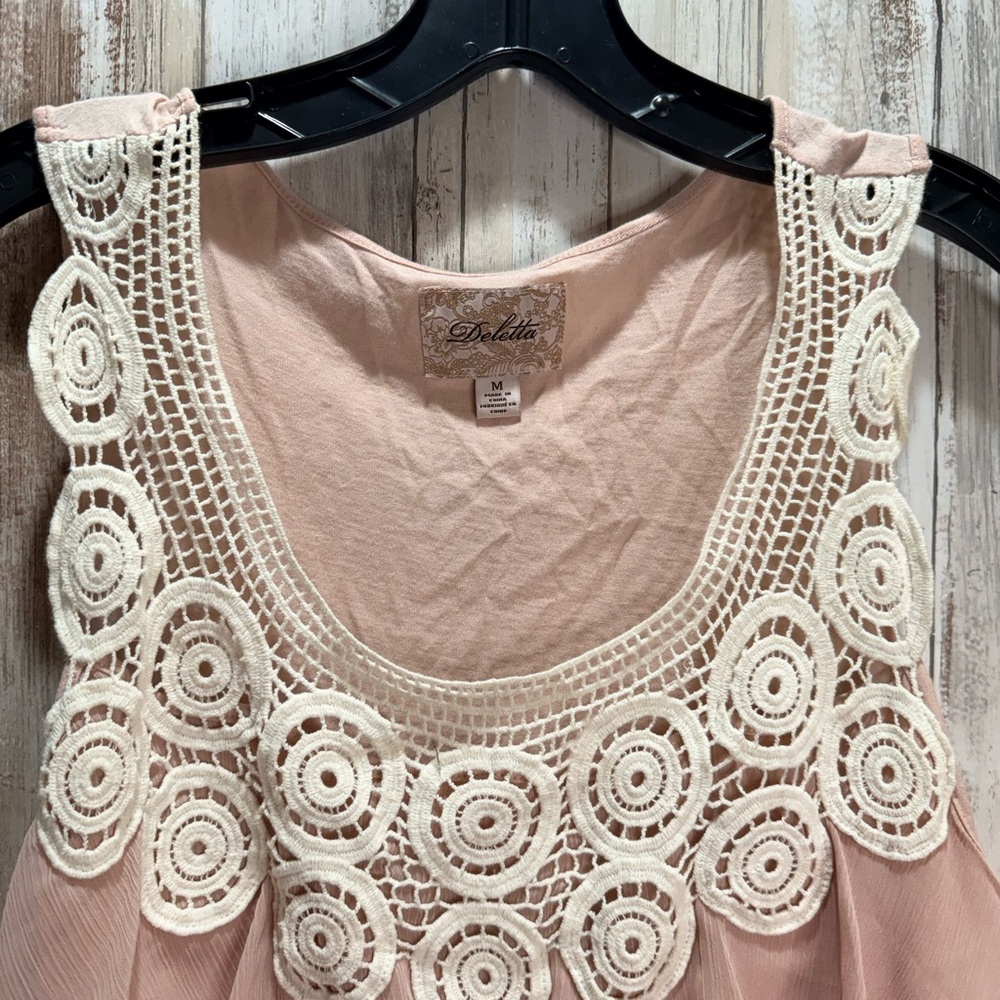 Deletta Blush Pink Tiered Eyelet Tank with White Crochet Yoke - Picture 4 of 7